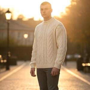 NWOT Aran Islands Ireland Hand knitted Wool Unisex Cream Cable Heavy Sweater
